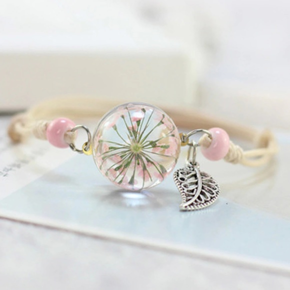 Jewelry - 3/$30 Pink Dandelion Flower Leaf Encased Bracelet